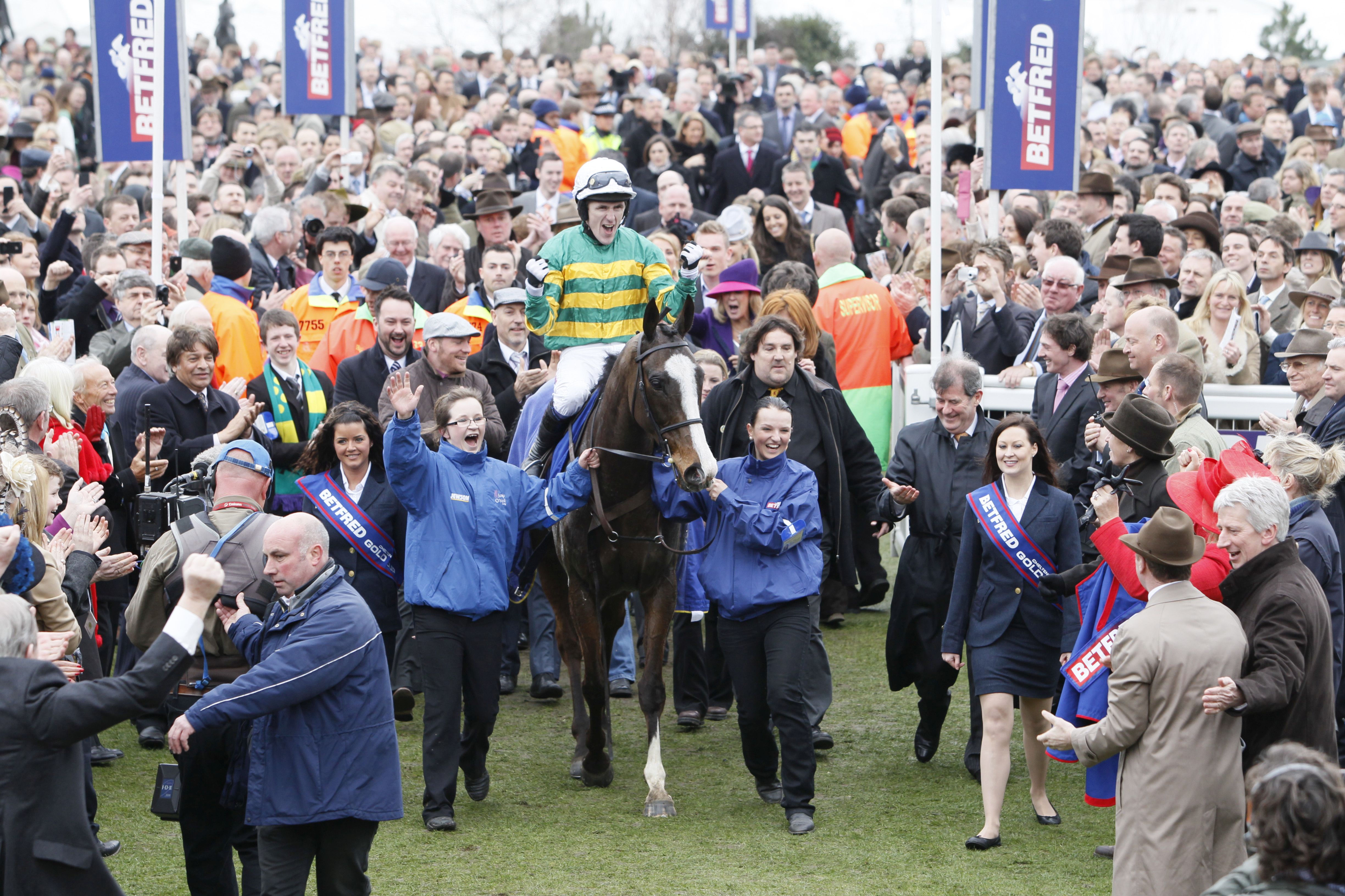 A P McCoy on board Synchronised, having just won the 2012 Cheltenham Gold Cup, trained by Cotswold-based Jonjo O'Neill. Picture by Gavin James.